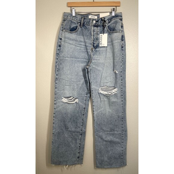 NWT ZENANA Women's Size 29 High Rise Wide Leg‎ Dad Jean Distressed Raw Hem NEW - Picture 1 of 11
